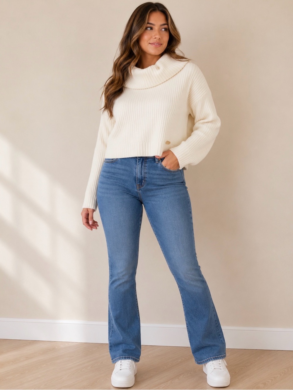 Guess Cream Ribbed Cowl Neck Sweater
